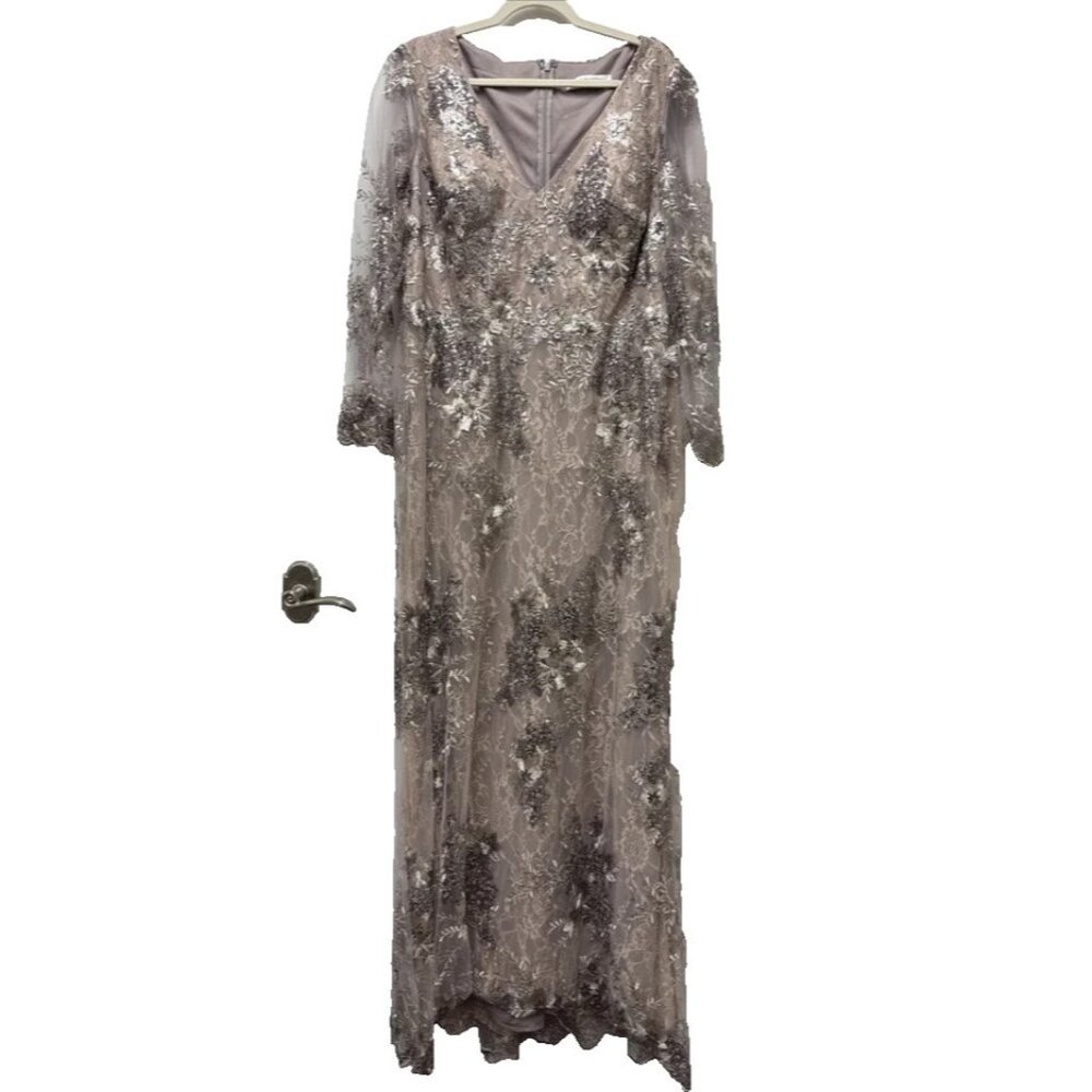Mac Duggal Taupe 67539 Sequin V-Neck Long Sleeve Formal Gown Dress NEW - Picture 14 of 15